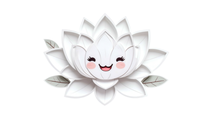 Smiling white lotus flower with layered petals, cute face, and grey leaves on black background
