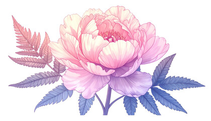 A detailed floral illustration featuring a peony and fern in soft pinks and purples