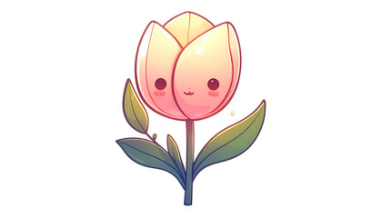 Adorable cartoon tulip with rosy cheeks, smiling, with leaves and stem on a black backdrop