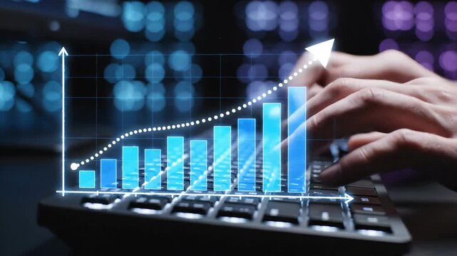 Digital business growth analysis with abstract financial graph overlay and hands on keyboard