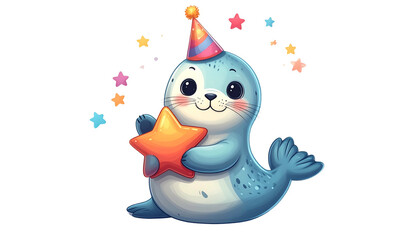 A cute blue seal with party hat, holding star, surrounded by colorful sparkles