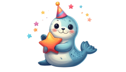 A cute blue seal with party hat, holding star, surrounded by colorful sparkles