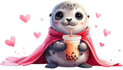 Adorable cartoon seal wearing a pink cape, holding bubble tea, surrounded by hearts