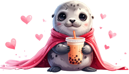 Adorable cartoon seal wearing a pink cape, holding bubble tea, surrounded by hearts