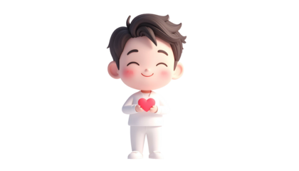 Whimsical cartoon man in white holding a heart, smiling, with a black background