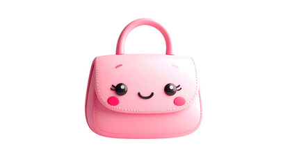 A cute, pink, animated purse with a smiling face and a handle, on a black backdrop