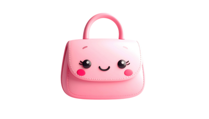 A cute, pink, animated purse with a smiling face and a handle, on a black backdrop