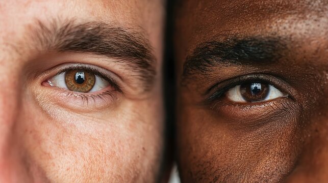 Close-up of eyes from two men with different skin tones in symmetrical composition, symbolizing racial equality, diversity, and human connection on a white background.
