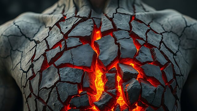 Abstract human chest sculpture of cracked earth with glowing fissures, representing concealed health signals.