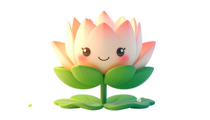 3D cartoon lotus flower with smiling face, pink petals, green leaves, and black background