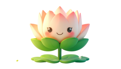 3D cartoon lotus flower with smiling face, pink petals, green leaves, and black background
