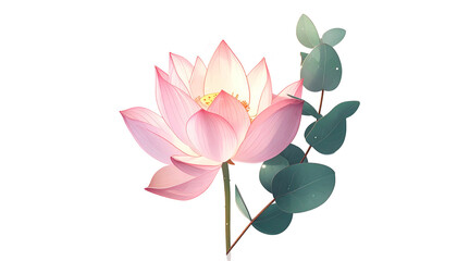 Soft pink lotus flower with a touch of gold, accented by green eucalyptus sprig