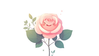 Whimsical cartoon rose with a smiling face, pink petals, and green leaves