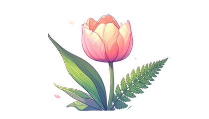 A soft, pink tulip with green leaves and fern against a stark black backdrop