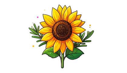 Obraz premium A vibrant, cartoon-style sunflower with a textured center, leaves, and green sprigs