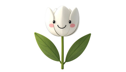Smiling white tulip with rosy cheeks and green leaves against a black background
