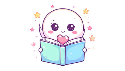 Cute, cartoonish ghost with big eyes reading a book, surrounded by stars