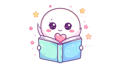 Cute, cartoonish ghost with big eyes reading a book, surrounded by stars