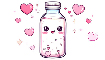 Cute cartoon bottle with a face, filled with pink liquid and hearts, sparkles around it