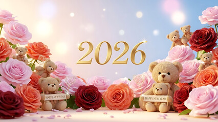 Fototapeta premium Happy new year 2026 greeting with teddy bears and pink roses