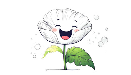 Cartoon white flower with a happy face, green stem/leaves, bubbles, and black background