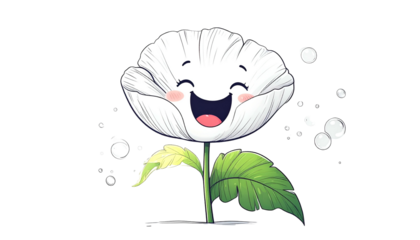 Cartoon white flower with a happy face, green stem/leaves, bubbles, and black background