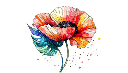 Vibrant watercolor poppy with a tropical leaf, set against a black background