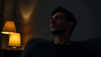 A man sitting thoughtfully on a couch in dim light, capturing a quiet and introspective moment.
