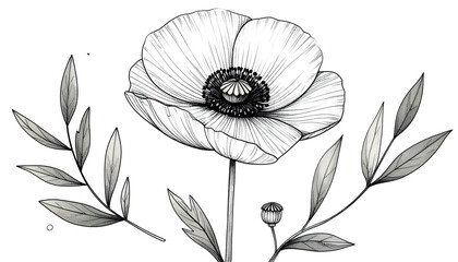 Detailed monochrome illustration of a poppy flower with leaves, bud, & stem on a black background