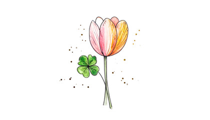 Delicate watercolor tulip with four-leaf clover on black background; light and airy