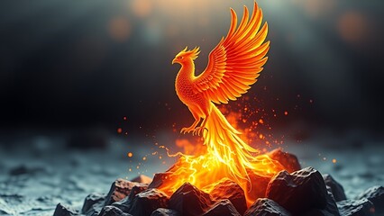 Molecular structure morphing into a fiery phoenix rising from scaled patterns.