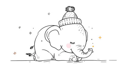 A cute, resting baby elephant wearing a knit hat, surrounded by glowing sparks on black