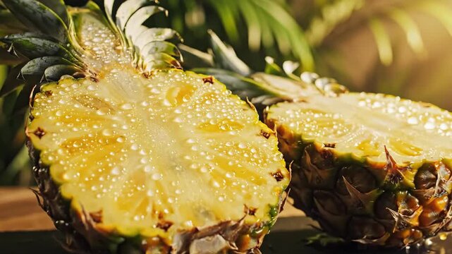 Close-up of fresh sliced pineapple highlighting juicy interior and spiky