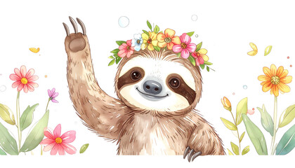 Watercolor sloth waving, wearing a flower crown, surrounded by colorful flowers