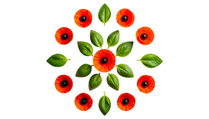 Vivid floral arrangement with red blooms, black centers, & green leaves against black