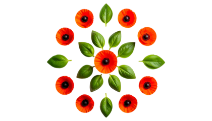 Vivid floral arrangement with red blooms, black centers, & green leaves against black