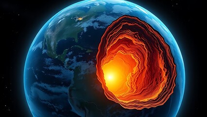 Cross-sectional view of the Earth revealing a mysterious, glowing crystalline structure pulsating at its core.