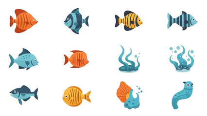 Collection of colorful cartoon fish and marine life illustrations on a white background