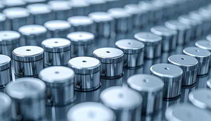Obraz premium Industrial Precision: A close-up view unveils a neat array of meticulously aligned cylindrical metal components. The uniform arrangement highlights precision, reflecting innovation, and progress.