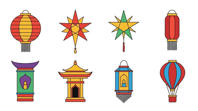 Collection of Colorful Asian Lanterns and Festive Decorations