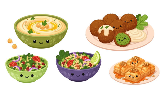 Cute Kawaii Middle Eastern Food Illustration Set - Hummus Falafel Tabbouleh and Baklava Vector Characters