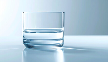 Half Full Glass: A clear glass, holding a precise measure of refreshing, pure water, symbolizes clarity and simplicity against a soft backdrop.