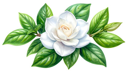 A detailed digital illustration of a white gardenia surrounded by vibrant green leaves
