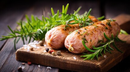 Two freshly cooked sausages are placed on a rustic wooden board with sprigs of herbs and spices scattered around. The setup is well lit with warm tones in a kitchen.