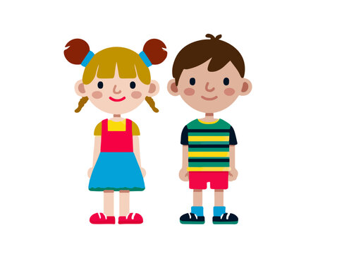Ilustra&ccedil;&atilde;o vetorial de um menino e uma menina, personagens infantis com design plano, sorrindo e em p&eacute;, ideal para projetos com fundo transparente.