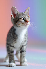 Obraz premium Tabby kitten standing alert on gradient pink purple teal background for colorful design