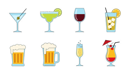 Collection of eight vector illustrations of various alcoholic and non-alcoholic drinks on a white