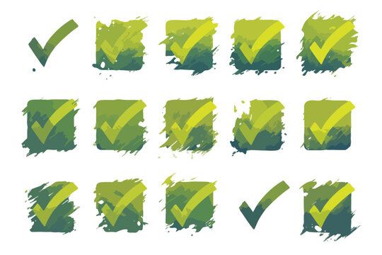 Conjunto de marcas de verifica&ccedil;&atilde;o em estilo aquarela grunge verde lima, ideais para design gr&aacute;fico, web e interfaces de usu&aacute;rio, com fundo transparente.