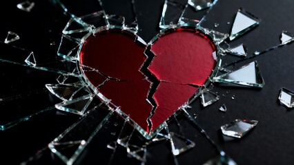 Shattered heart surrounded by broken glass pieces on a dark background symbolizing loss and pain