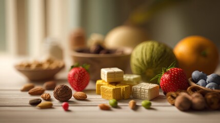 Still life composition featuring an array of assorted fruits, nuts, and sweets